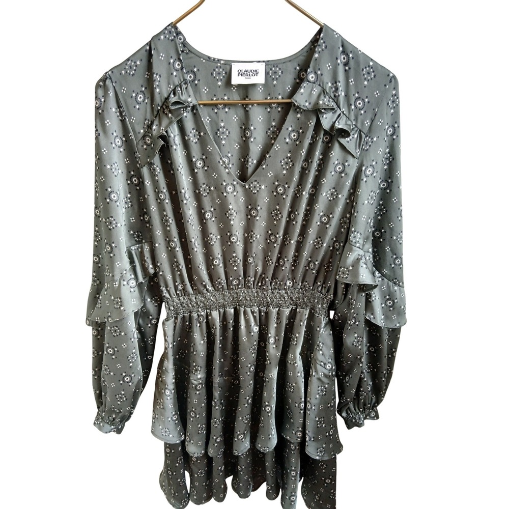 CLAUDIE PIERLOT Green Floral Print Ruffle‎ V-Neck Mini Dress Women's Size 6